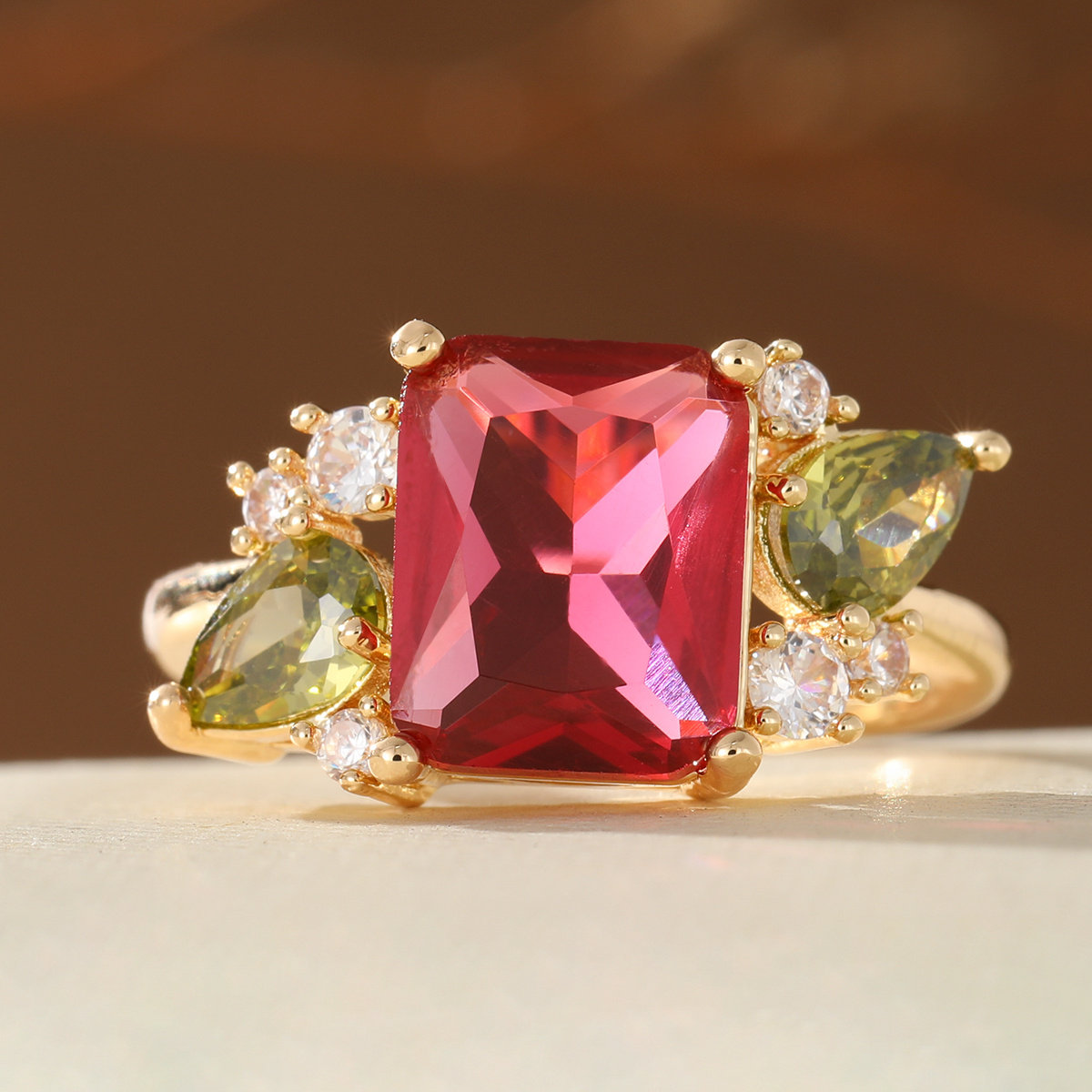Vintage Ethnic-Style Women's Ring with Red Synthetic Zirconia